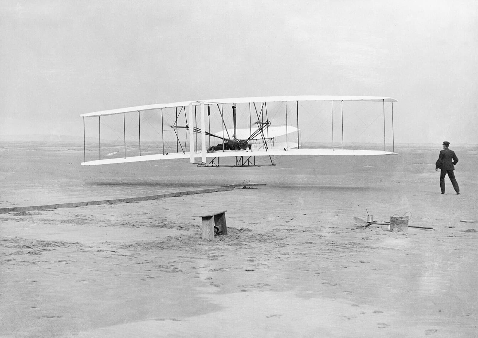 The Wright Flyer on its launching rail at Kitty Hawk, December 1903